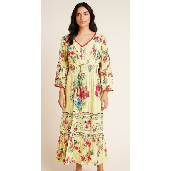 Anthropologie Me 2 Magic Women's Maxi Dress Green Vicose 3X Floral Boho Peasant - Picture 1 of 12
